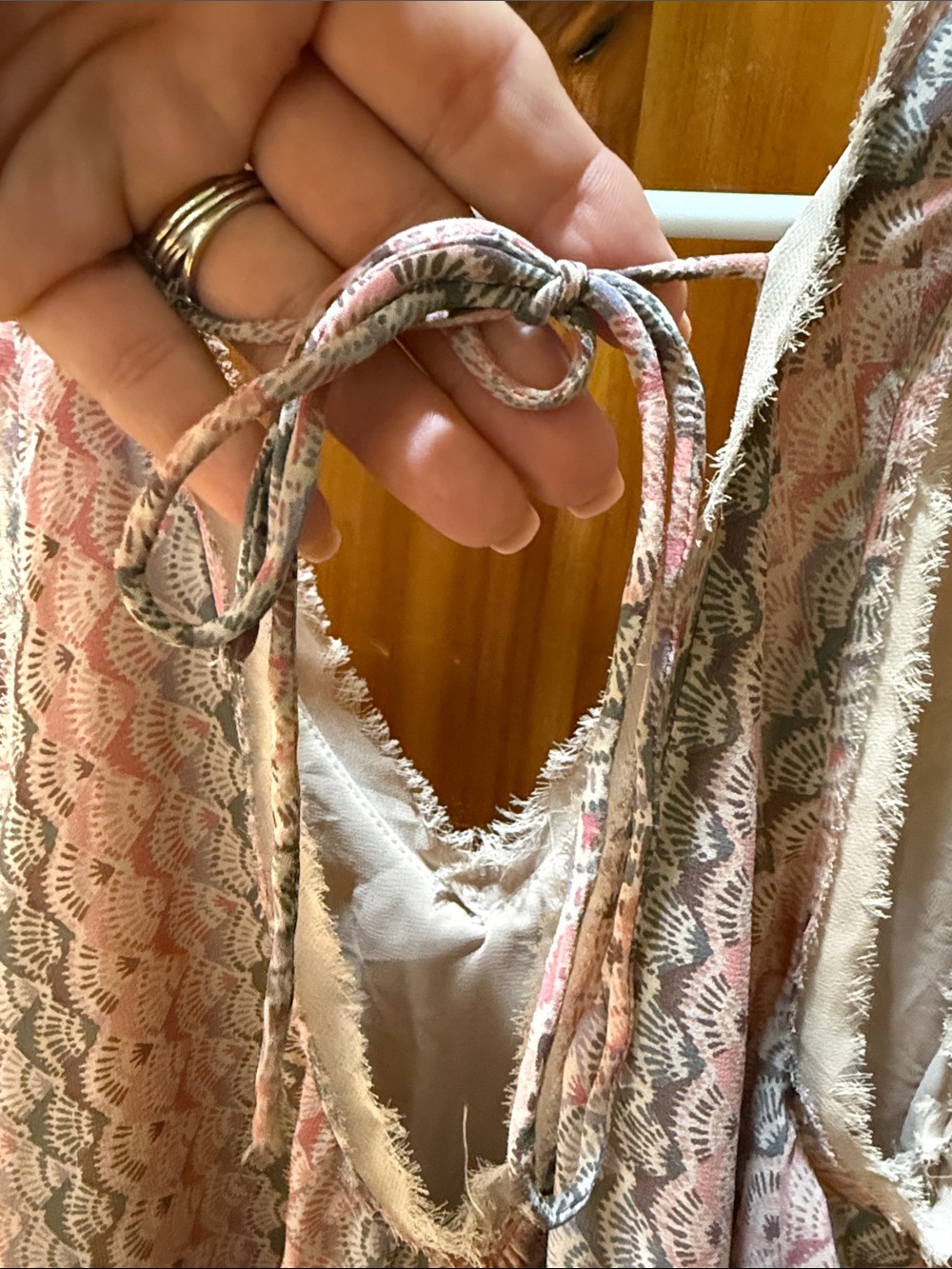 Free People Pink & Cream Lace-Trim V-Back Camisole tank, tie back, Sz Medium - Picture 5 of 10